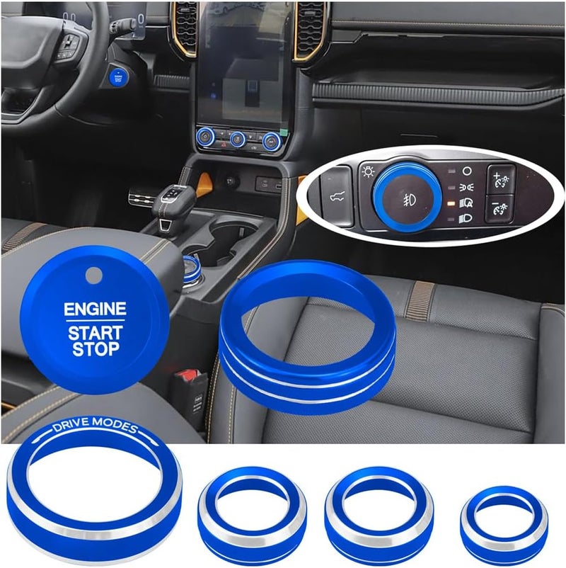 HDUFC for Ford 2024 2025 Ranger, air Conditioning, Volume Control, Push-Button Start, 4WD and Headlight switches, 7 Pieces of Aluminum Alloy knob Cover Decoration (Blue) - Image 1